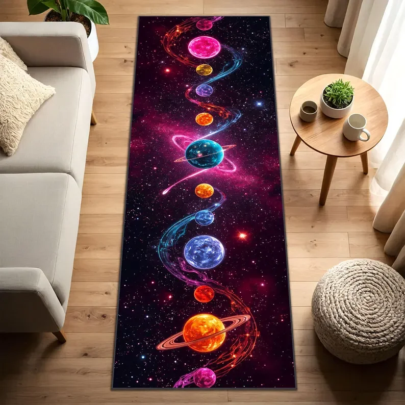 Colorful Galaxy Runner Rug Neon Planet Hallway Carpet with Cosmic Space Design Home Decoration Carpets