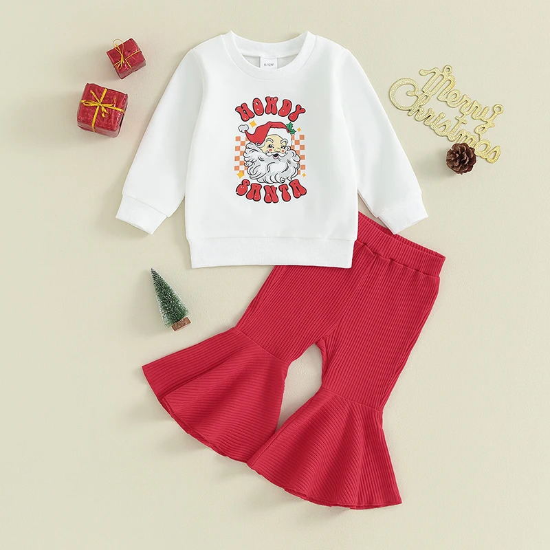 

Toddler Girls Christmas Clothes Set Girl Reindeer Print Long Sleeve Round Neck T-shirt and Solid Color Flared Pants Outfit