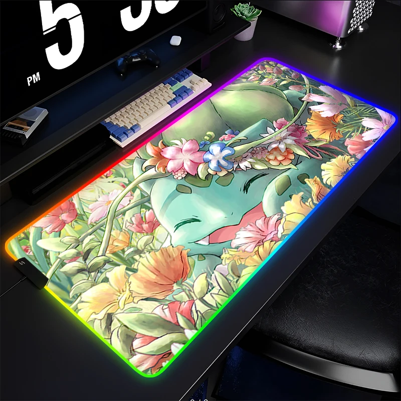 

Backlight Gaming Rubber Mouse Pad P-Pokemon Bulbasaur LED Computer Gamer Laptop Keyboard Carpet Mouse Mat RGB Non-Slip Table Rug