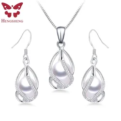 100% Natural Freshwater Pearl Jewelry Sets For Women Fashion 925 Sterling Silver Earrings+Pendant Wedding Jewelry With Box