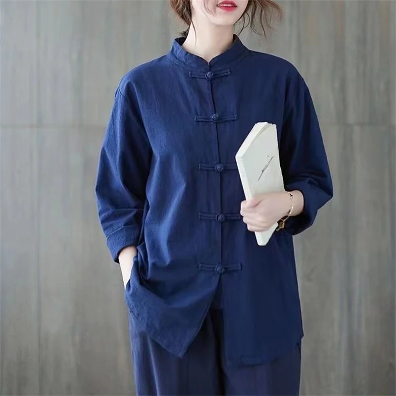 Women Vintage Cotton Linen Casual Shirts Chinese Style Vintage Solid Color Loose Female Long Sleeve Tops WY1013