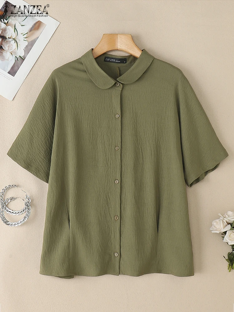 

2025 Women Summer Shirts ZANZEA Solid Work OL Blouses Casual Short Sleeve Tunic Tops Lapel Neck Blusas Buttons Chemise Oversize