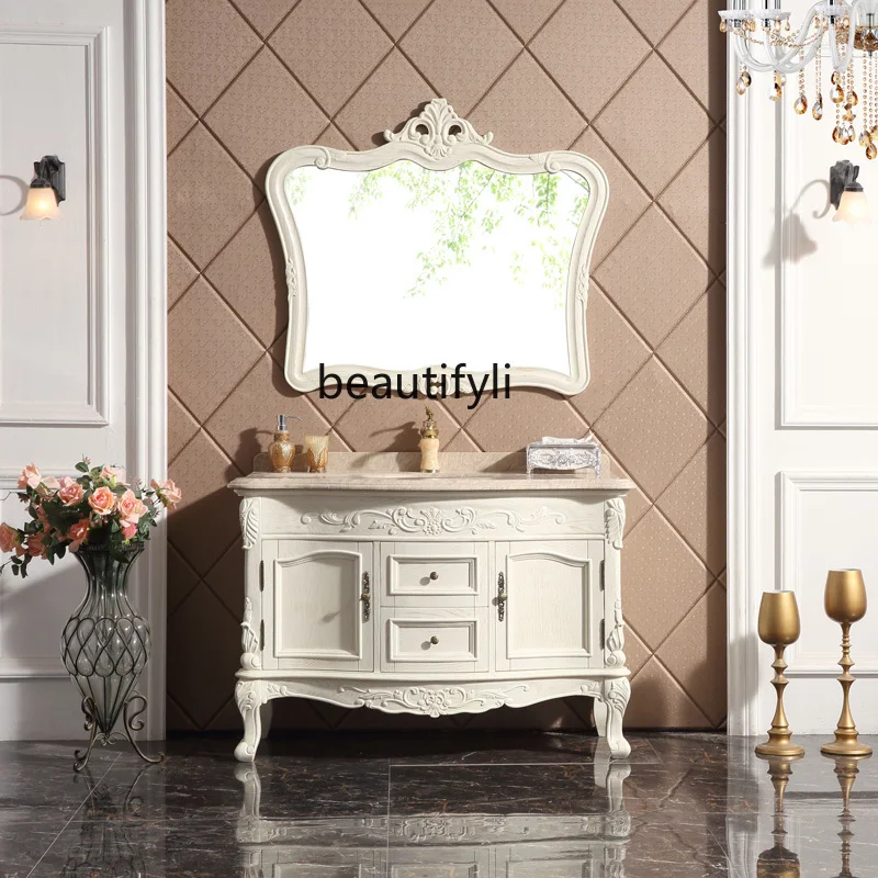 

Antique European oak bathroom cabinet combination floor-to-ceiling wash basin cabinet mirror cabinet washstand