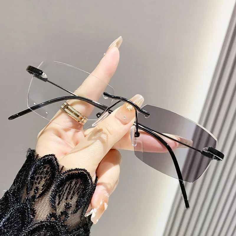 Vintage Rimless Square Photochromic Myopia Glasses New Fashion Women Men Anti Blue Light UV Sunglasses Optical Diopter Eyewear