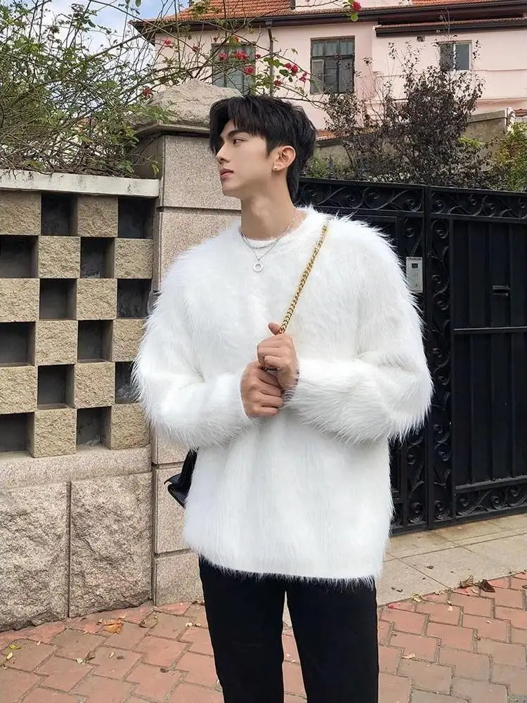 

Корейский вязаный свитер с круглым вырезом для мужчин, повседневный, свободного кроя, мягкий, теплый, с искусственным мехом, зимний, незаменимый