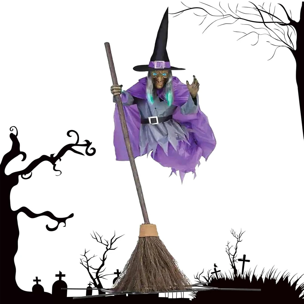 Flying Witch Decoration with Scary Sounds and Lights Halloween Flying Witch Decor Broom Wizard Decor for Garden Yard Lawn Indoor