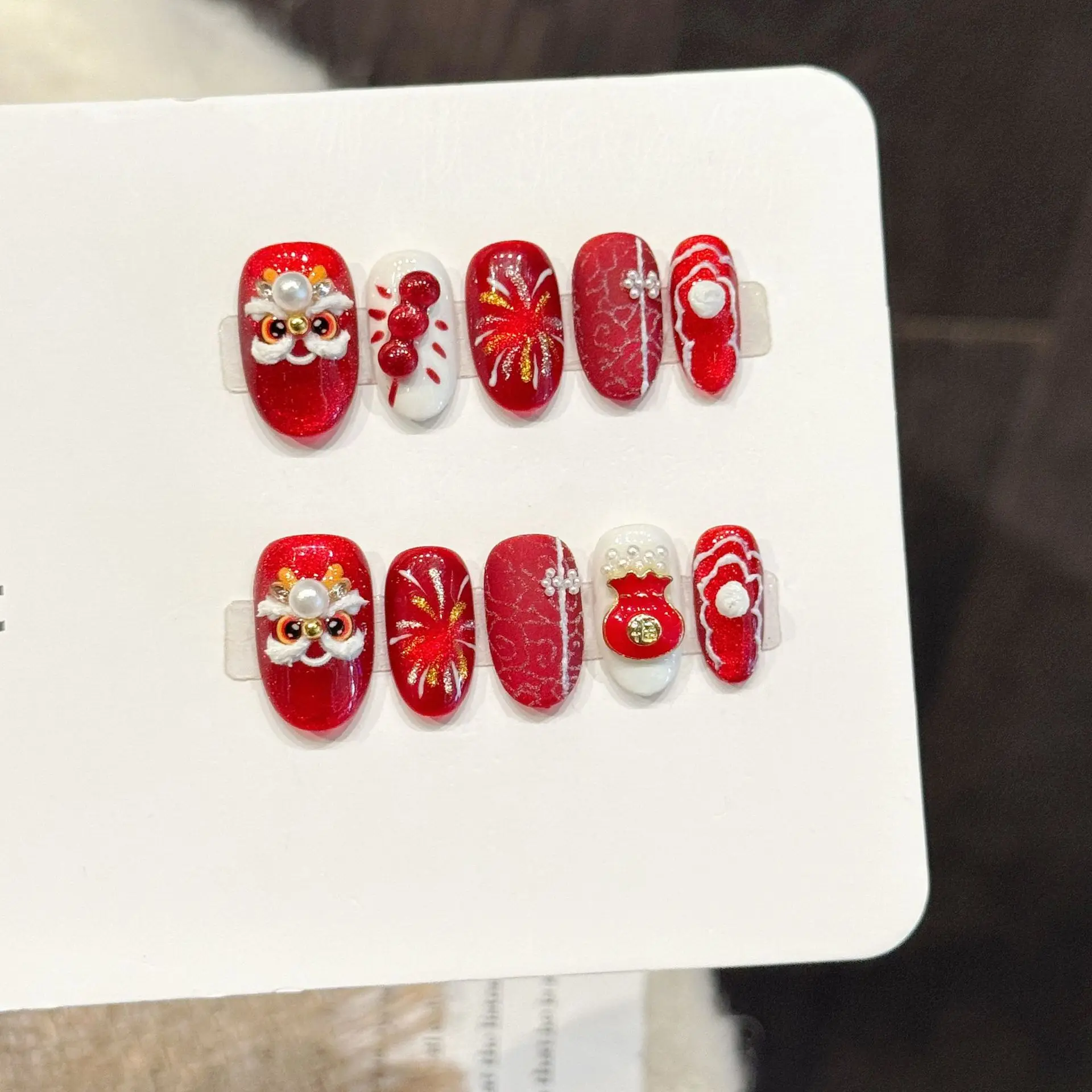 10PCS Red Gold Lion Dance Press On Nails Handmade Super Oval Fake Nails Chinese New Year Design Full Cover Art With 4-PIECE Tool