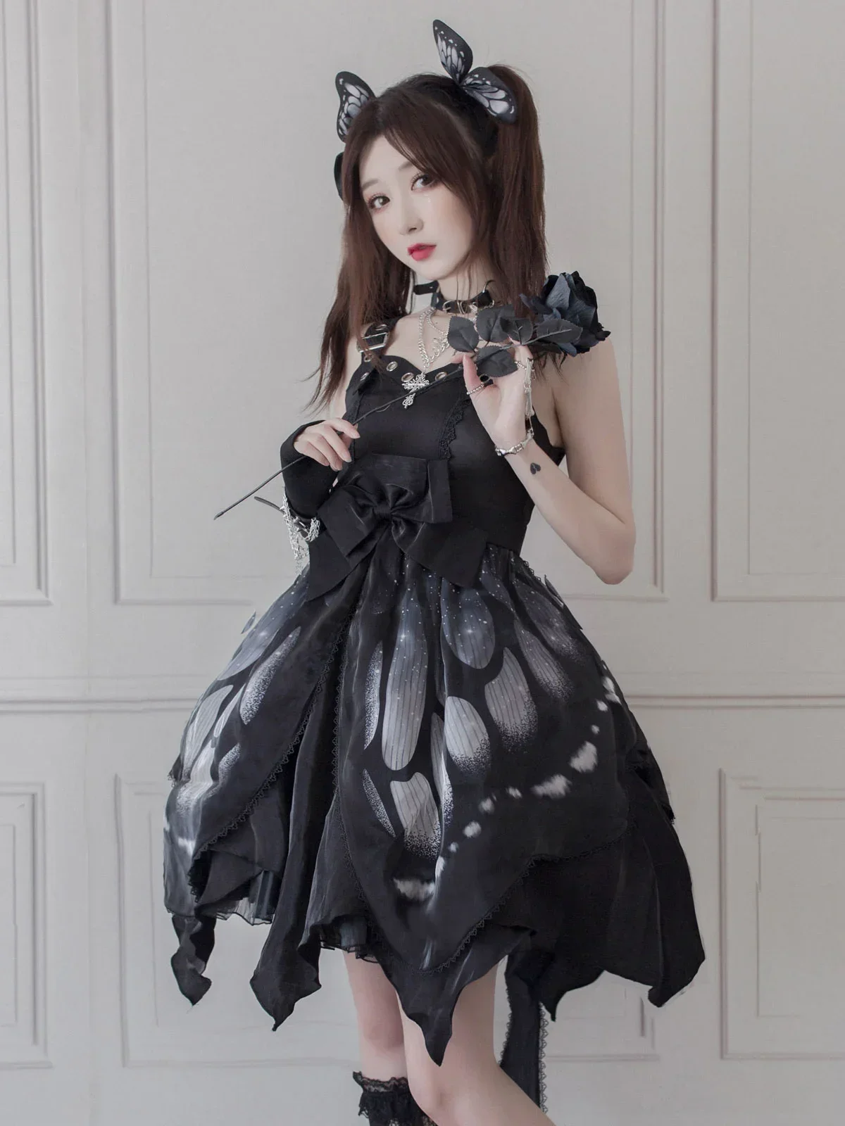 Y2K Lolita Dress Blue Sleeveless Lace Up Ruffles Bow Butterfly Pattern  Polyester Casual Lolita Jumper Skirt by Star Fantasy - AliExpress 200000532