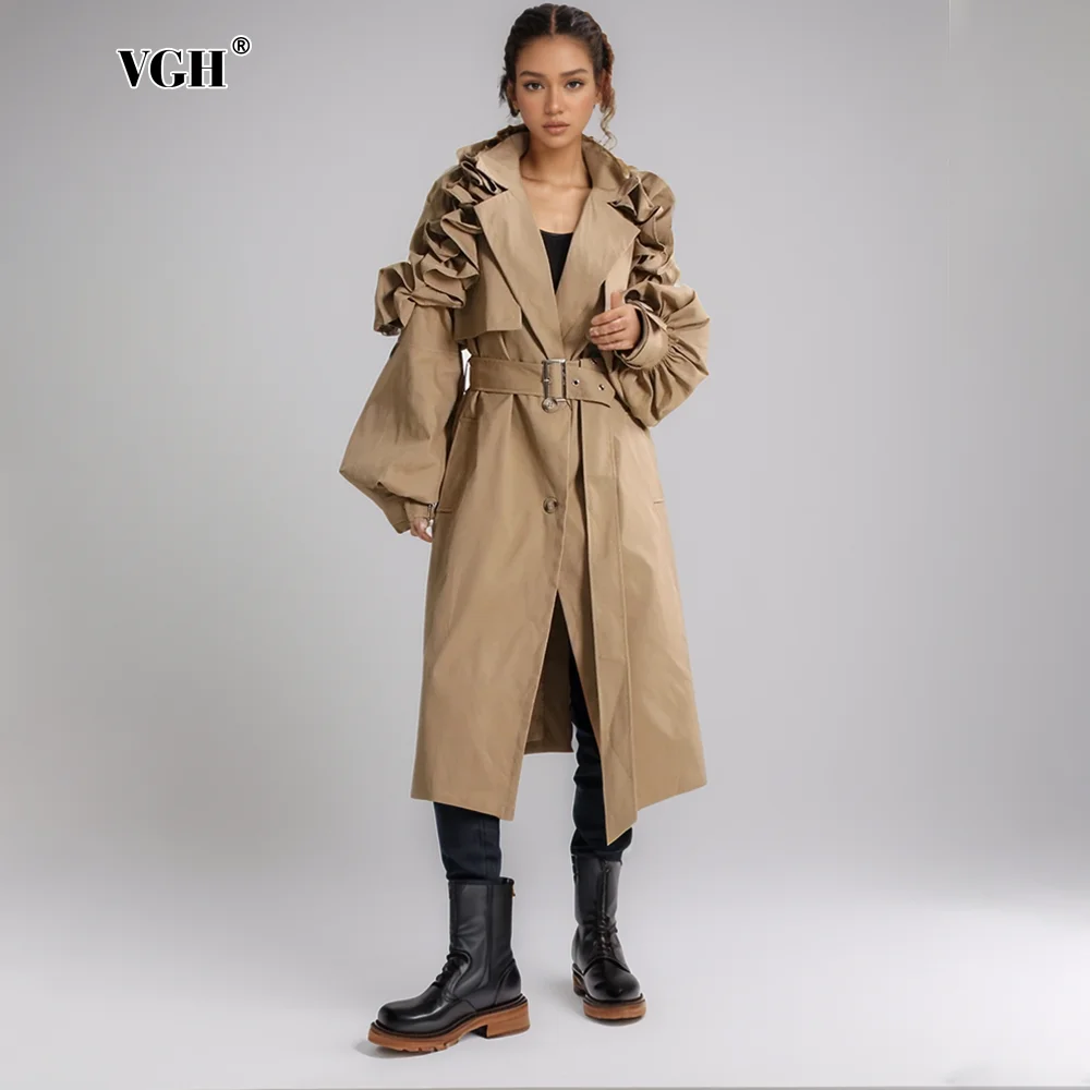 

VGH Solid Spliced Ruffles Chic Windbreaker For Women Lapel Long Sleeve Patchwork Belt Chic Trench Coats Female Fashion Style New