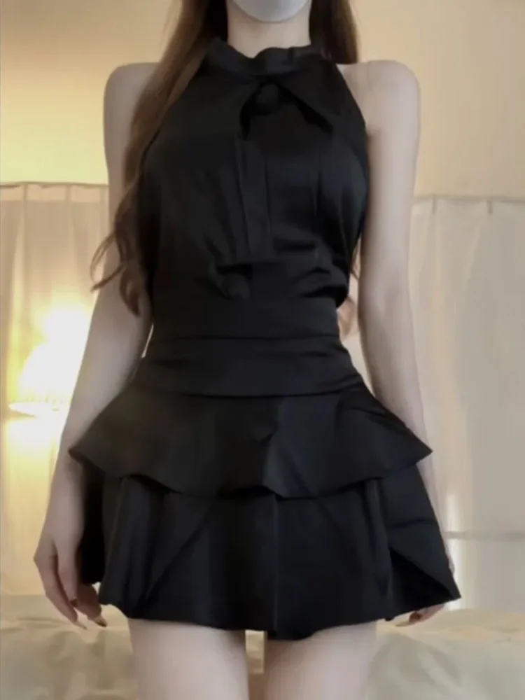 Fashion Off Shoulder Sleeveless Halter Black Tops Women Y2k E-girl High Waist Ruched Skirts 2025 Two Piece Sets
