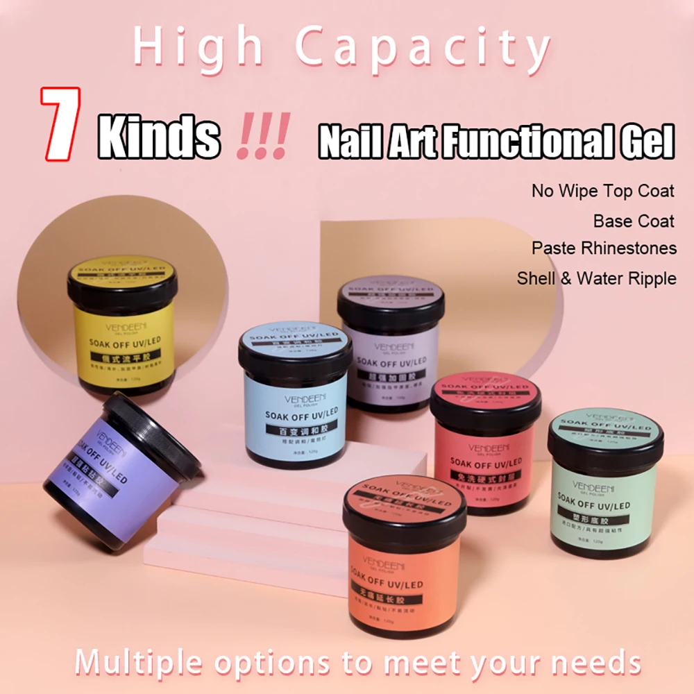 Vendeeni 120g Large Capacity Nail Art Functional Gel Base Coat No Wipe Top Coat Leveling Reinforcing Gel Painless Extension Gel