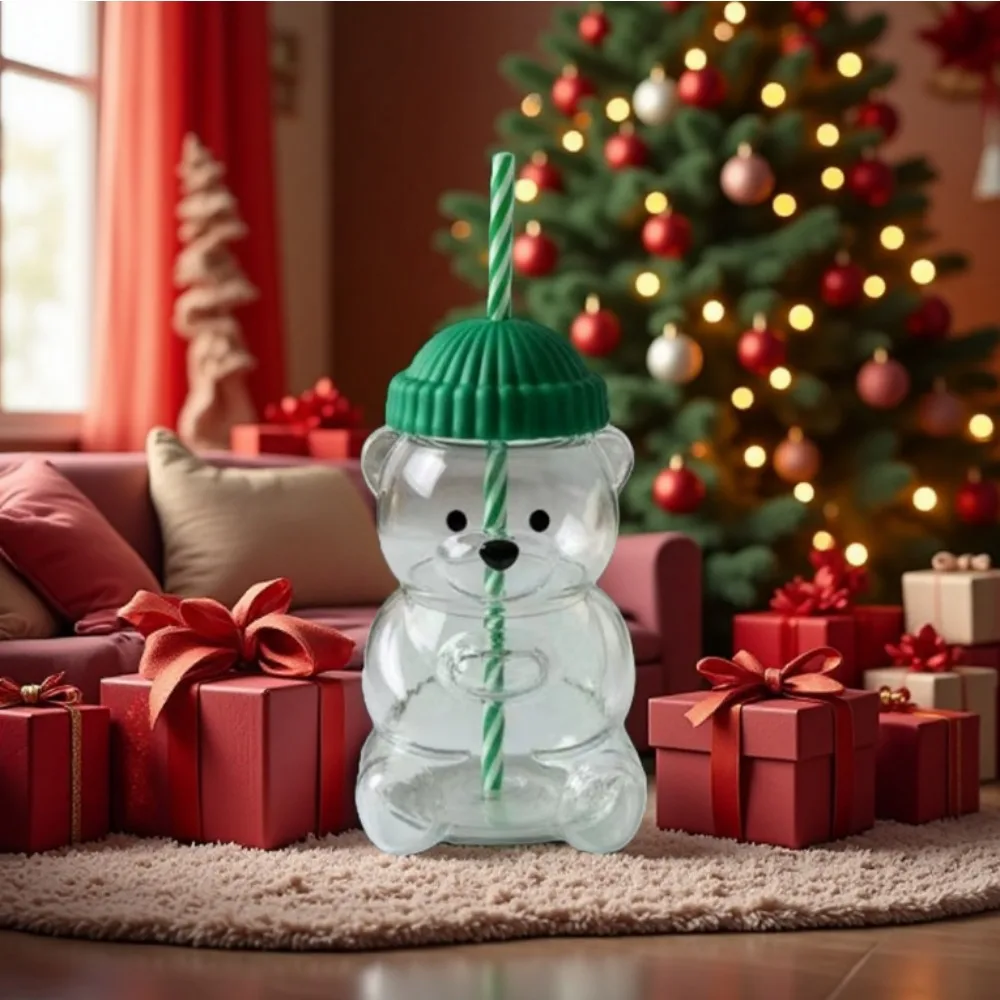 

New Cartoon Bear Shaped Coffee Mug Cute Bear Mug Glass Cup with Straw Glasses Cup Birthday Christmas Gifts for Women Kids