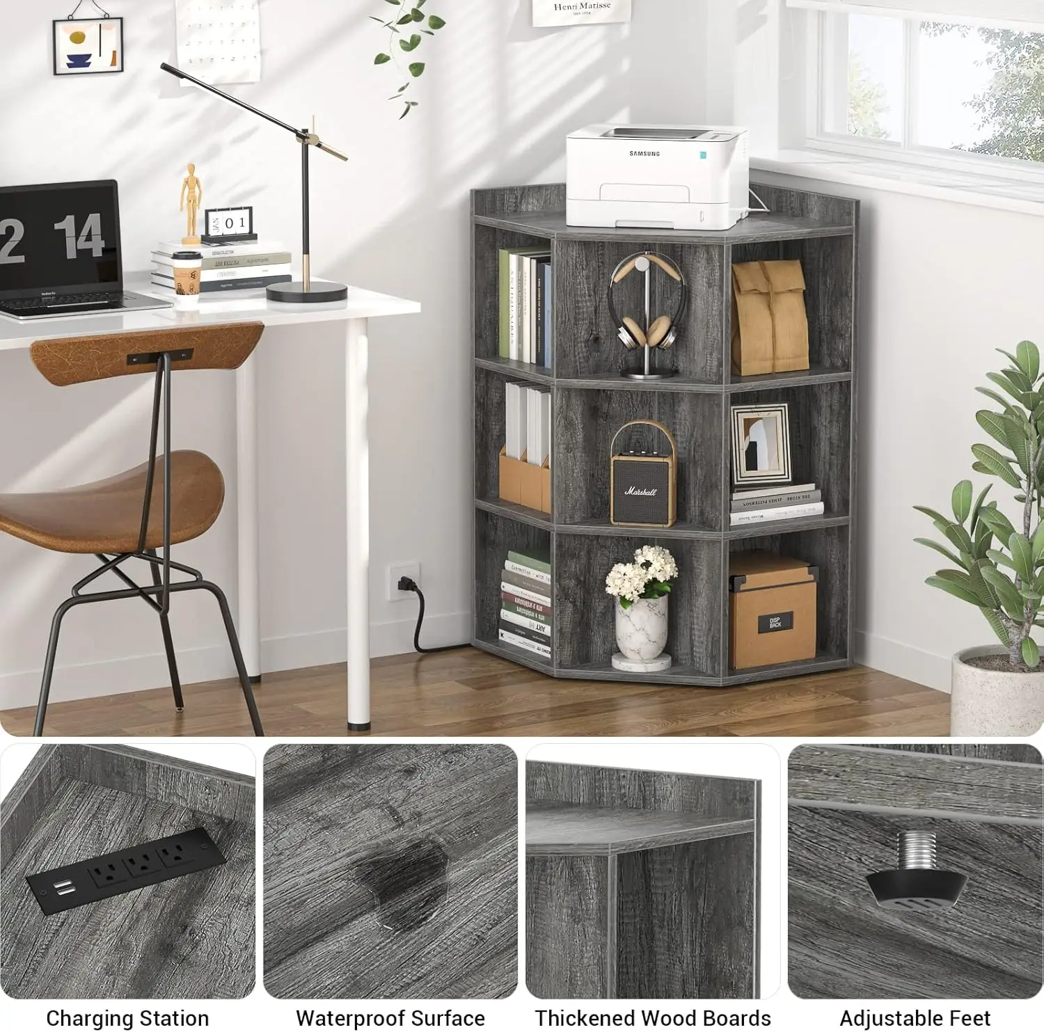 Corner Cabinet,  Storage with USB Ports and Outlets, Cube Toy Storage, Wooden Corner Cubby Bookshelf with 9 Cubes