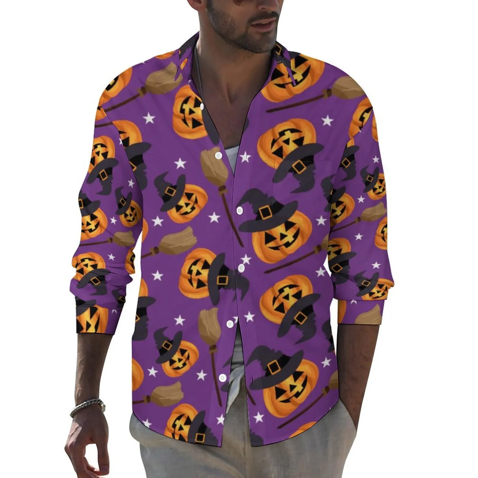 Flying Witch Print Shirt Men Halloween Pumpkin Casual Shirts Spring Stylish Blouses Long Sleeve Fashion Oversized Top Gift