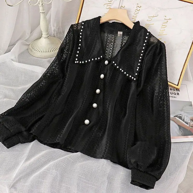 Korean Hollow Out Loose Shirt Tops Long Sleeve Youth All-match Solid Elegant Blouse Spring Autumn Fashion Sweet Women Clothing