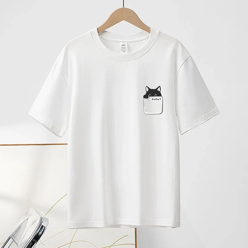 2024 Summer New Pure Cotton Cat Printed Men T-shirts Short Sleeve Casual Solid Color Simple Thin Men Tops BOK0121