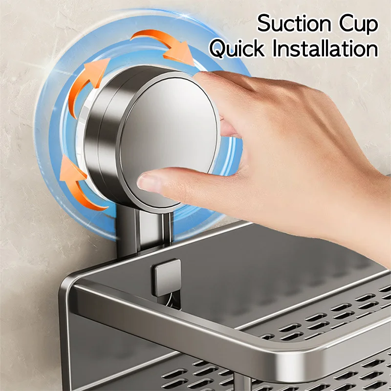 Suction Cup Mount Bathroom Shelf with Towel Holder Removable Hooks No Drill Hanging Bath Room Basket Shampoo Storage Rack Tray