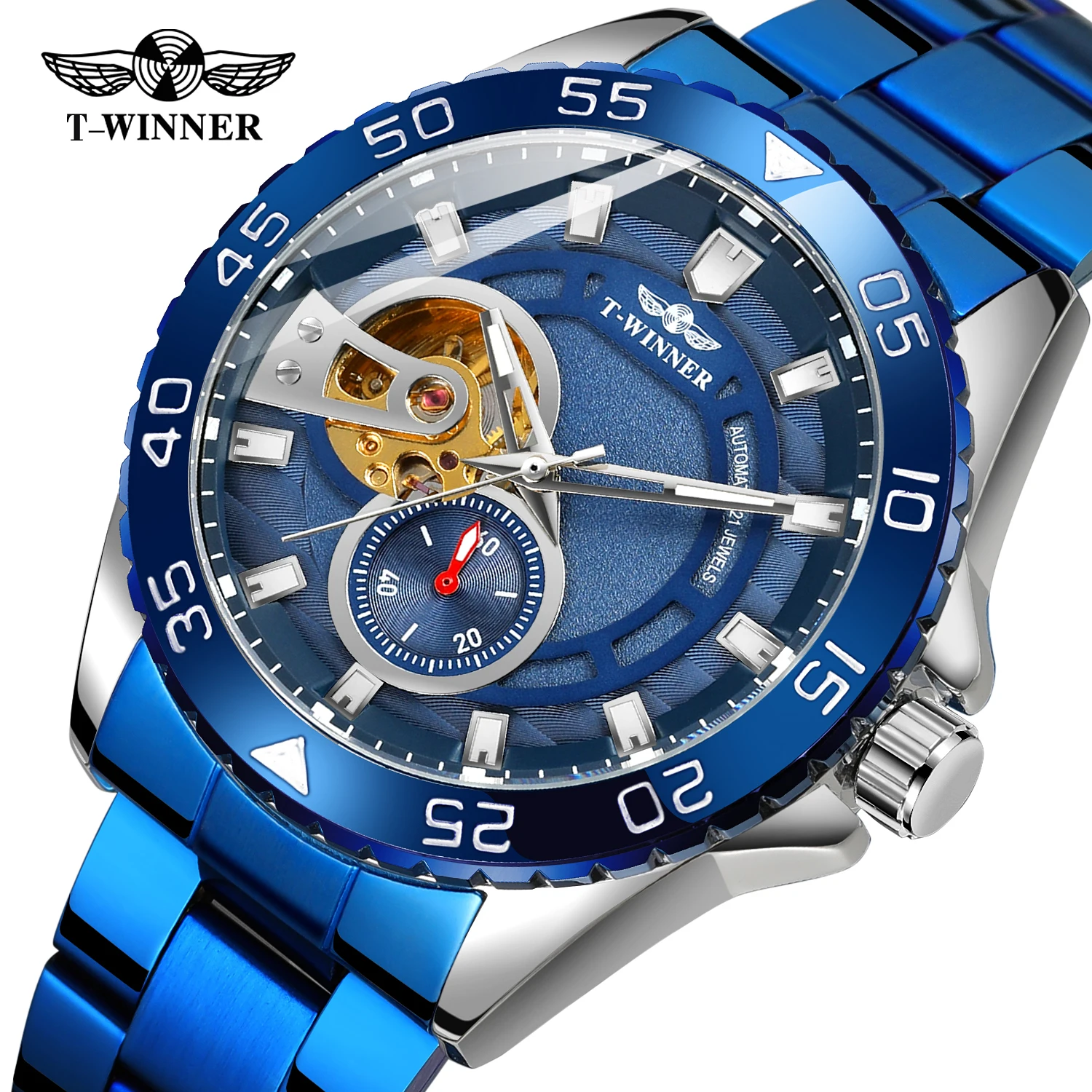 

Luxury Brand New Arrival Skeleton Blue Dial Mens Automatic Self Wind Mens Wristwatch Stainless Steel Band Watch Nice Gift