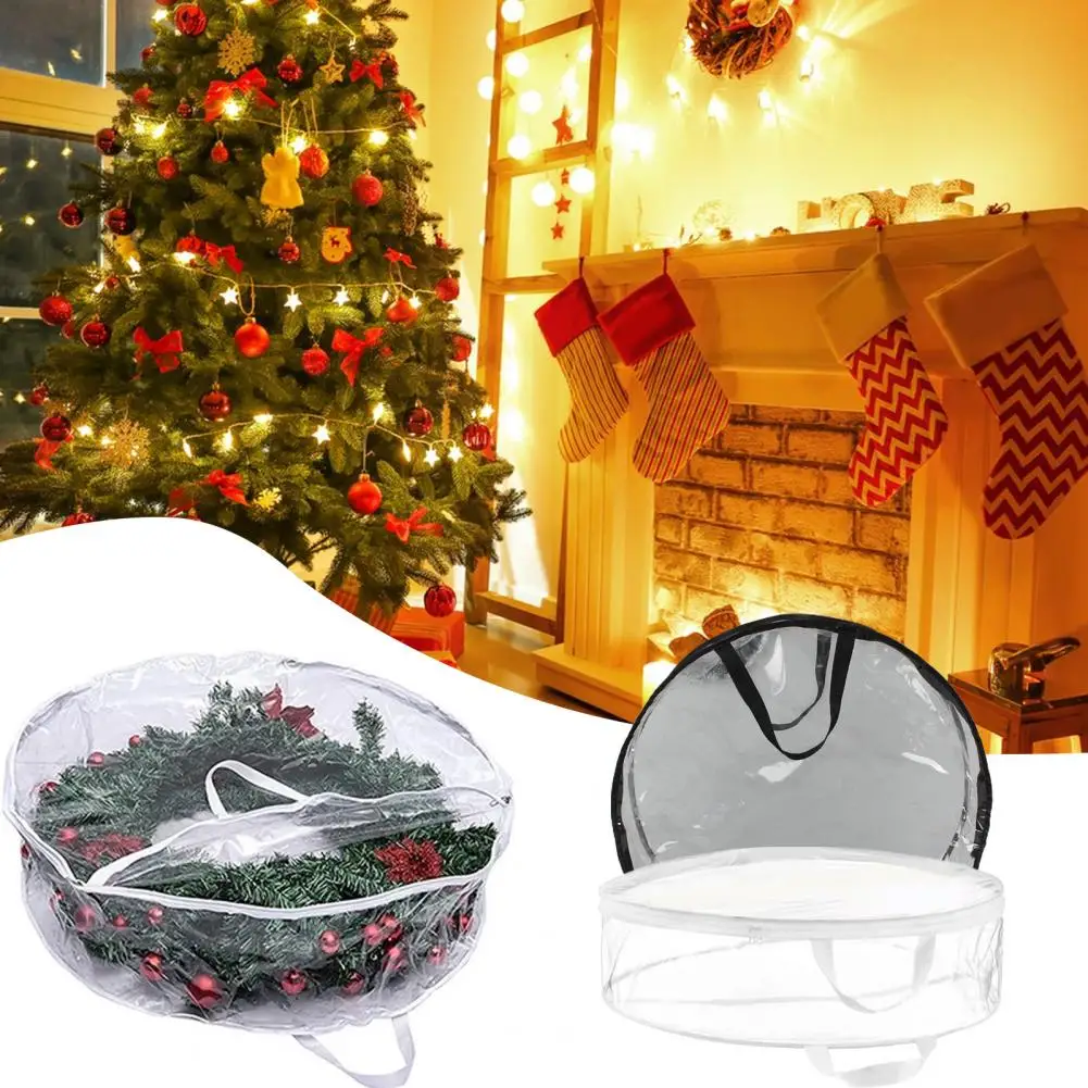 1/2 Pcs Garland Storage Bag Round PVC Transparent Container Clear Window Dustproof with Handle Christmas Wreath Wrapping Bag