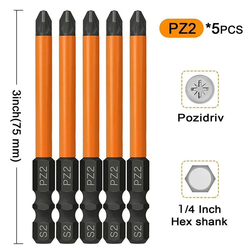 5Pcs PZ2 Impact Screwdriver Bits Set 75mm Pozidriv Driver Bit Screw Driver Power Drill Bits