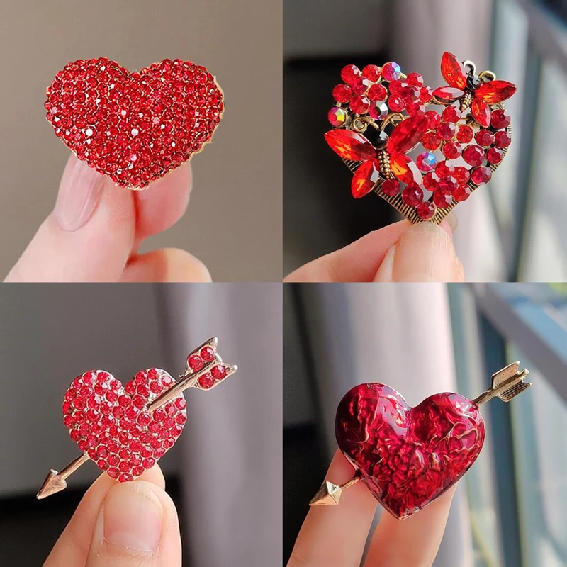 Red Full Rhinestone Love Heart Brooches For Women Couples Romantic Love Arrow Butterfly Brooch Pins Lover Valentine's Day Gifts