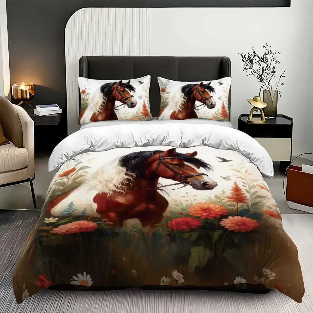 

3pcs Horse pattern bedding set, suitable for teenagers and adult's bedroom, 1*quilt cover+2*pillowcase, for single bed