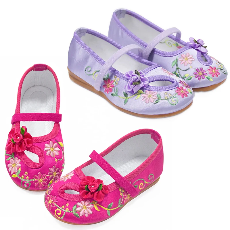 Apartamentos de bailarina de salto baixo antiderrapante confortáveis para meninas, bordado floral, Encanto Mirabel, sapatos de princesa, bebê, vintage