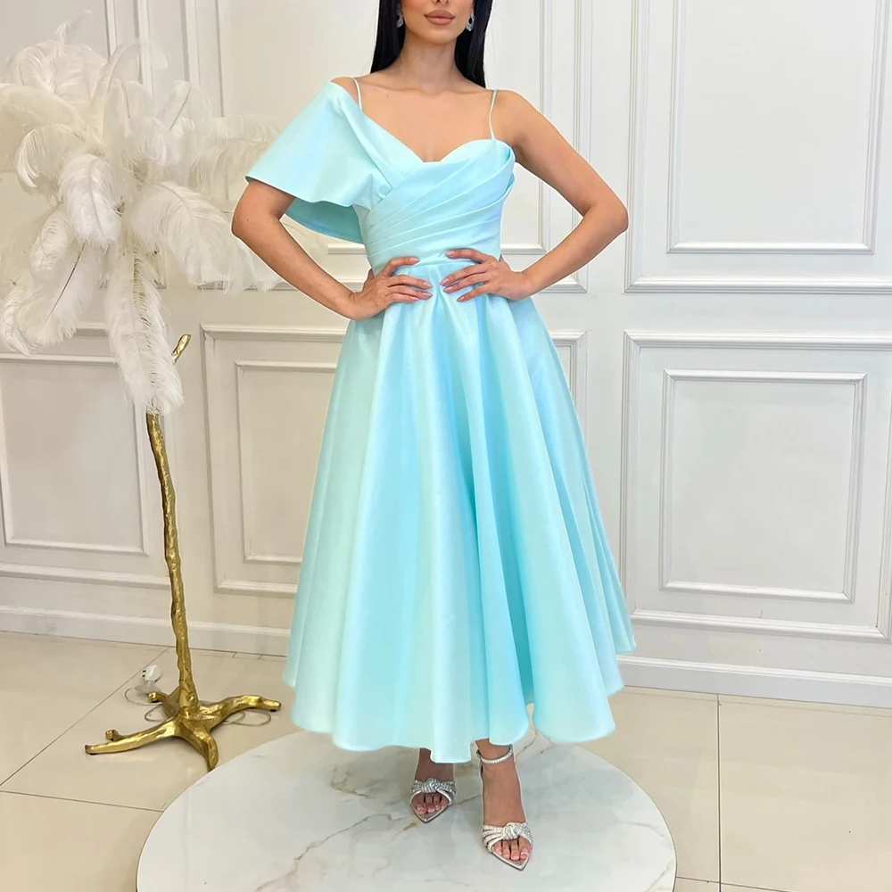 

Saudi Arabia Evening Gowns One Shoulder Tea Length Straight Satin Short Sleeves Pleats Solid Color Dresses For Formal Occasions