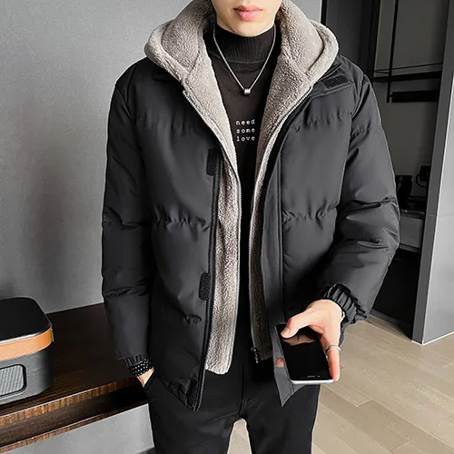 Double Layer Men's Fleece Casual Jacket Winter Warm Hooded Jacket Thickened Cotton Coat Men's Trendy Outdoor Windproof Jacket