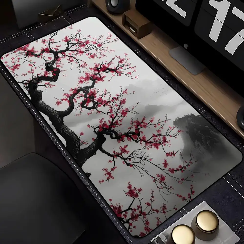 Chinese Ink Wash Plum Blossom Mountain Landscape Extended Mouse Pad Non‑Slip Rubber Base Oriental Art Desk Mat Gaming Table Pad