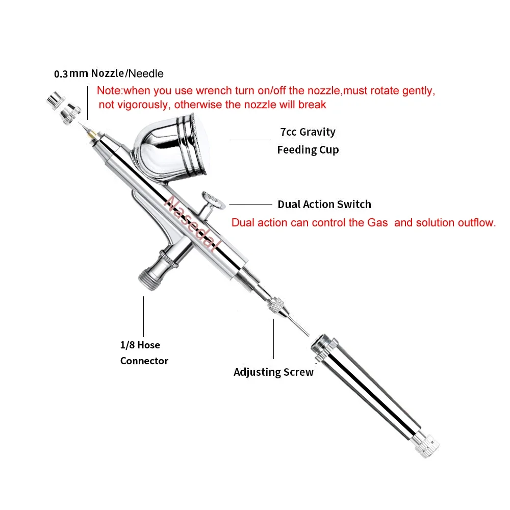 Imagem -02 - Nasedal Aerógrafo de Dupla Ação 0.3 mm 7cc Pistola de ar para Modelo de Bolo Pintura Maquiagem Tatuagem Arte de Carro Ferramenta Faça Você Mesmo 0.2 mm 0.5 mm