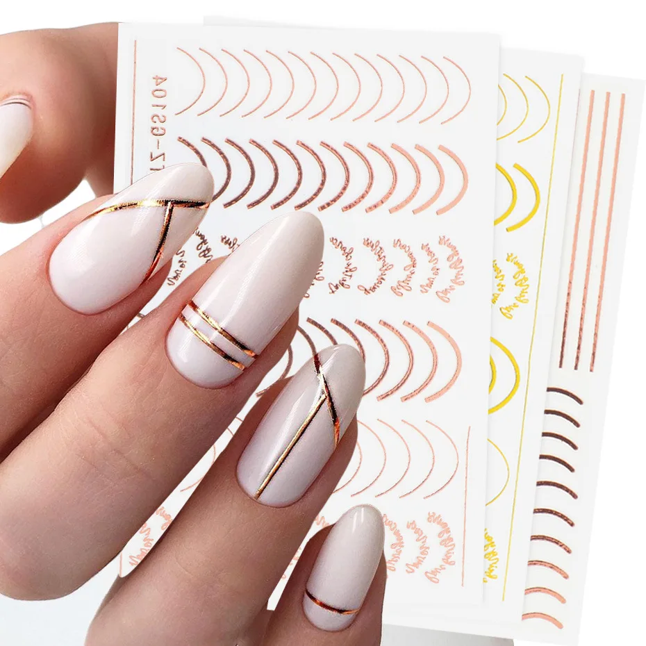 Rose Gold Metal Stripe Letters Decals Curve Gel Nails Art Sliders Polish Manicure Decor 3D Simple Lines Nail Stickers