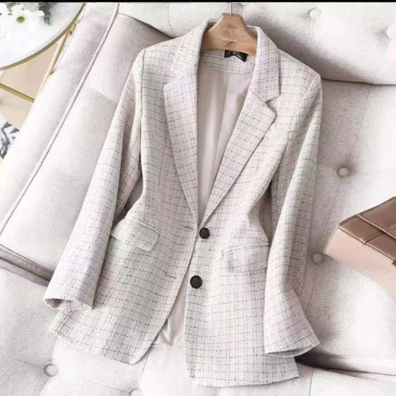 Formal Korean Plaid Tweed Women Slim Blazers Oversized 5xl Office Elegant Coats White/Black Vintage Work Wear Outwear New 2023