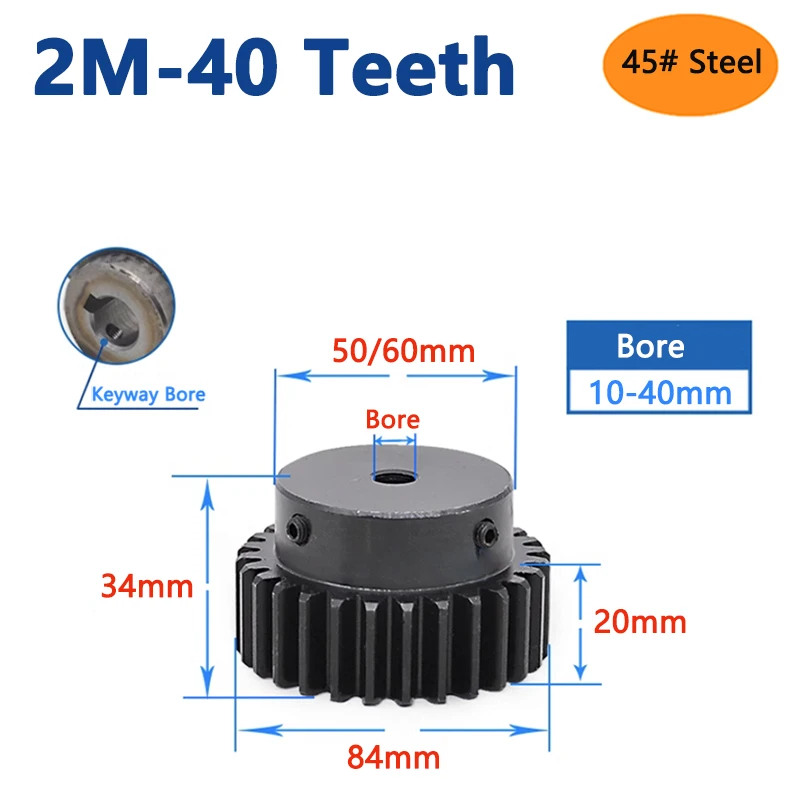 

1pc 40 Teeth 2M Spur Gear with Step 2 Module 40T 45# Steel Transmission Drive Gear Bore 10 12 14 15 16 17 18 19 20 22 24-40mm