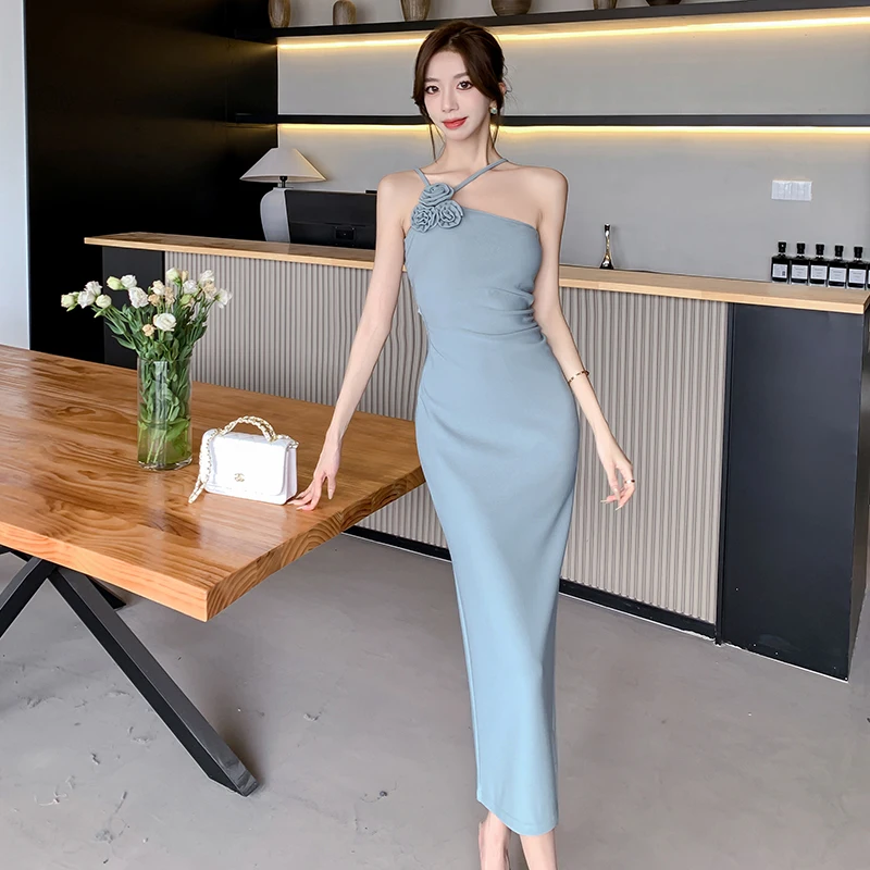 Korean Elegant Party Sleeveless Midi Dresses for Women 2024 Summer New Bodycon Backless Split Evening Birthday Female Clothing