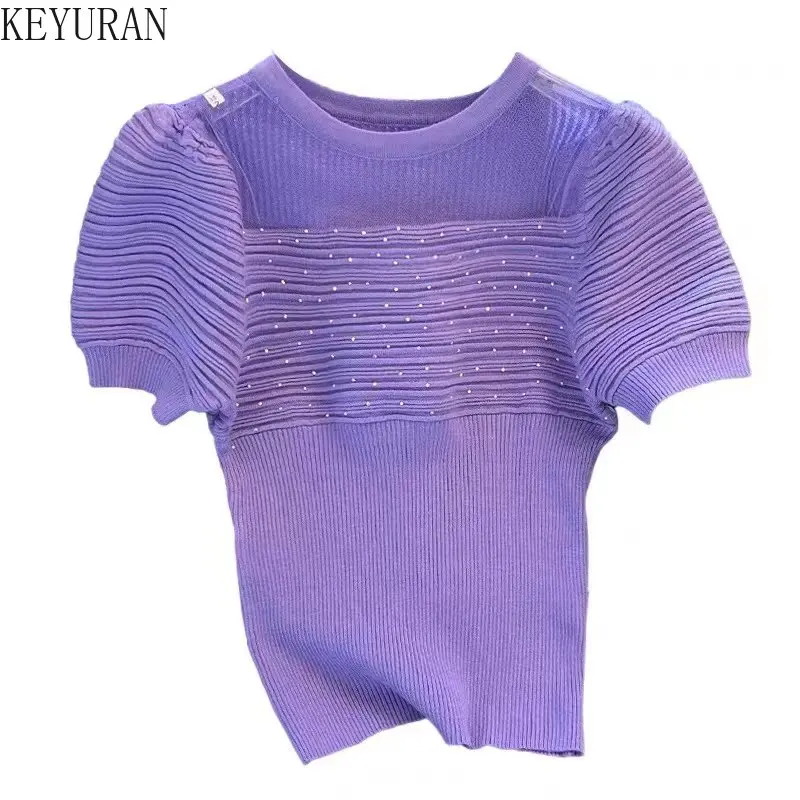 2023 Summer Knitted Sweater Women Korean Fashion Chic Slim Solid Color O-Neck Puff Short Sleeve Purple Pullover Knitwear Top Y2K