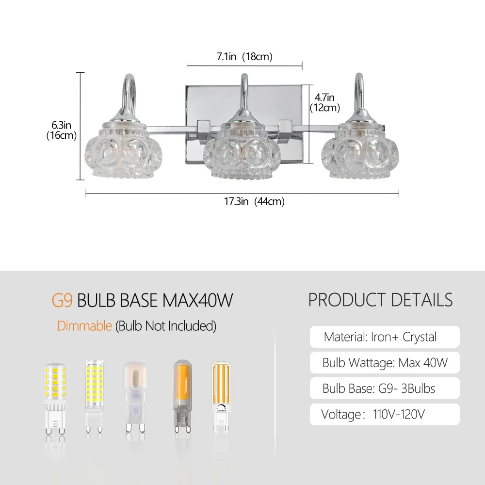 ضوء كريستال عتيق بلمسة نهائية من النيكل المصقول - تركيبات مرآة حمام أنيقة بثلاثة أضواء مع ظلال زجاجية شفافة
