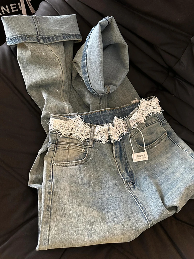 

2025 Autumn Winter Women's Denim Pants Lace High Waist Korean Fashion Y2K Rhinestone Jean Japanese Harajuku Designer Jean New In