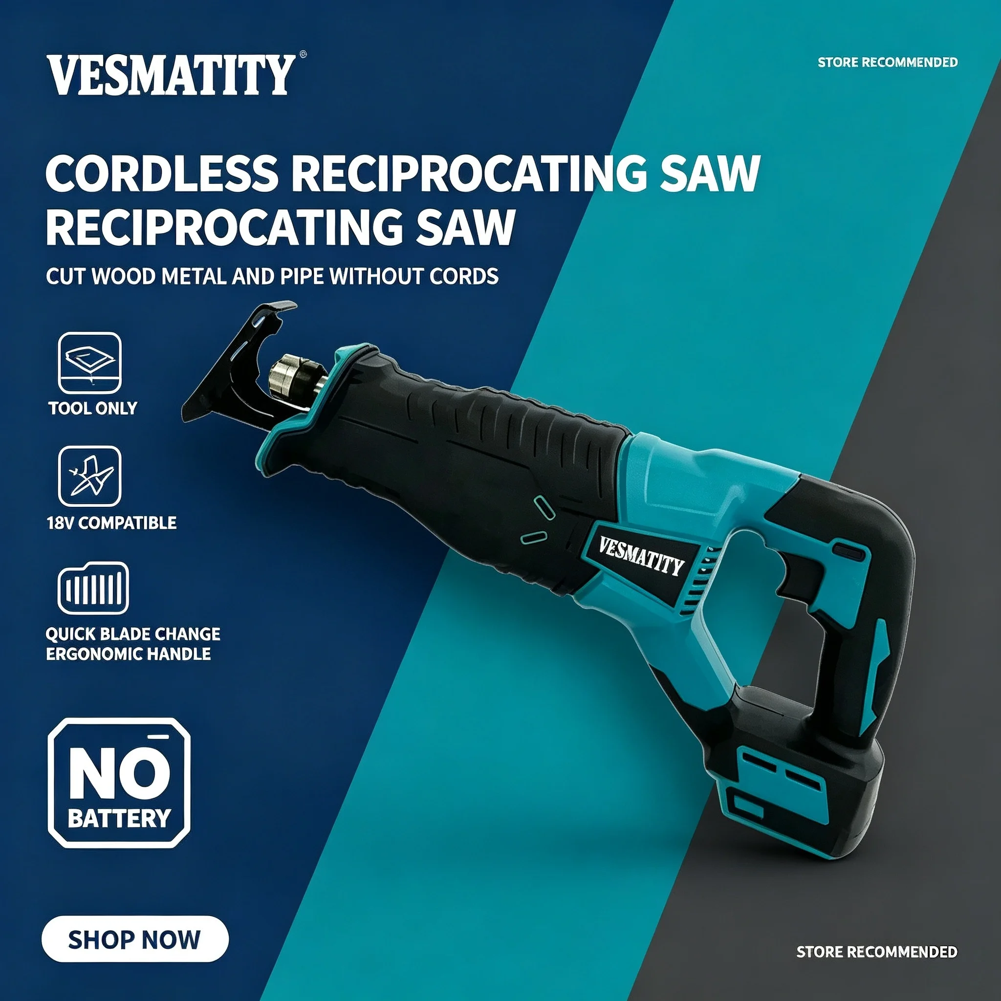 Electric Tool VESMATITY Cordless Reciprocating Saw Multifunctional Outdoor Handheld Mini Saw for 18V-20V Battery Compact