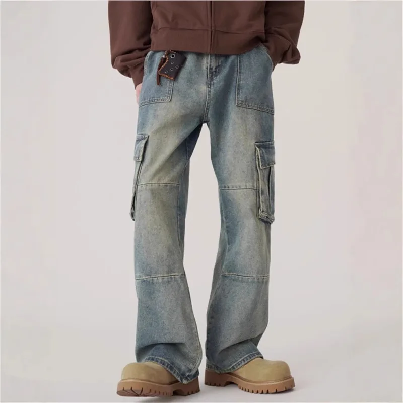 Men's Multi Pocket Wide Leg Jeans American Retro Workwear Pants Straight Leg Spliced Denim Trousers Casual Streetwear Pants