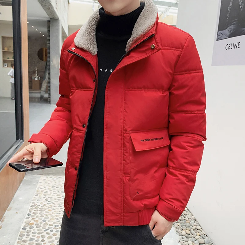 

Мужская зимняя куртка из утолщенного хлопка, новая, приталенная, с воротником-стойкой, молодежная, модная, из полиэфирного волокна, с длинными рукавами, на молнии