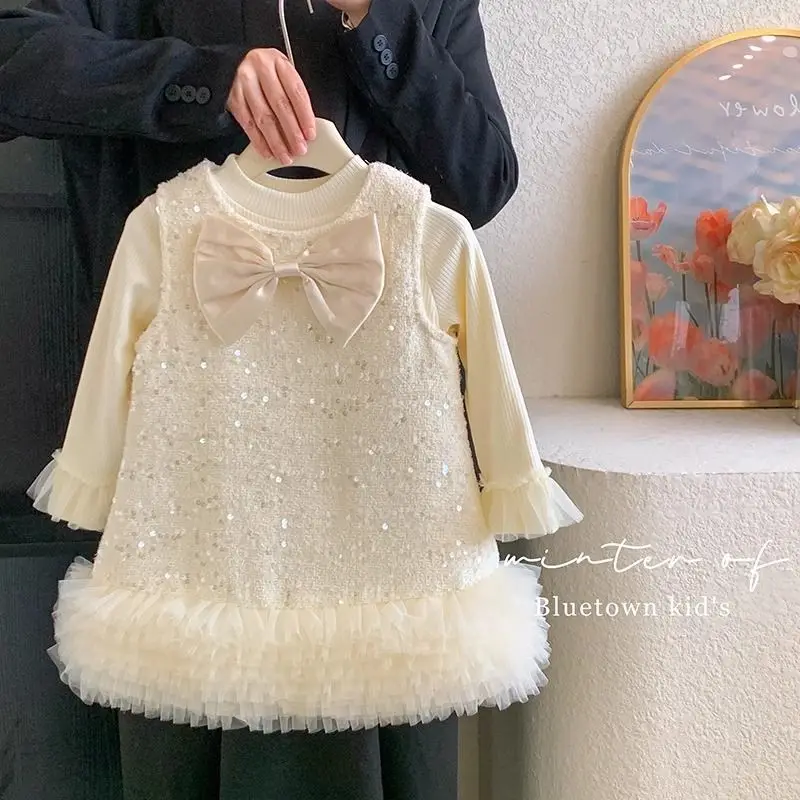 Baby Girls' Dress Set Spring and Autumn Children's Bow Dress+Long Sleeve T-shirt 2-piece Set 80-150cm