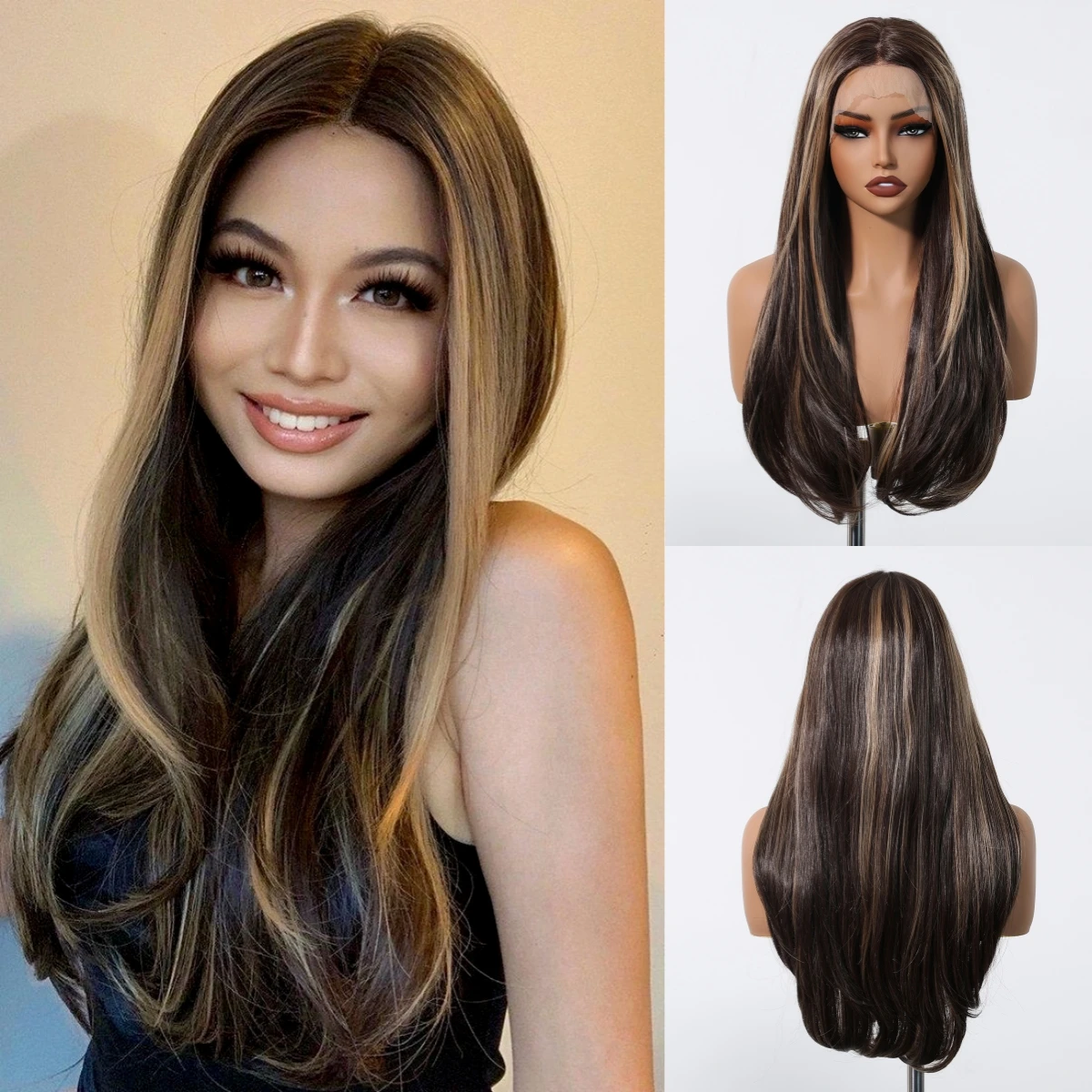 DWY Brown Blonde Highlights Synthetic Wigs For Women Daily Cosplay Long Straight 13*6 Lace Frontal Wig Heat Resistant Free Part