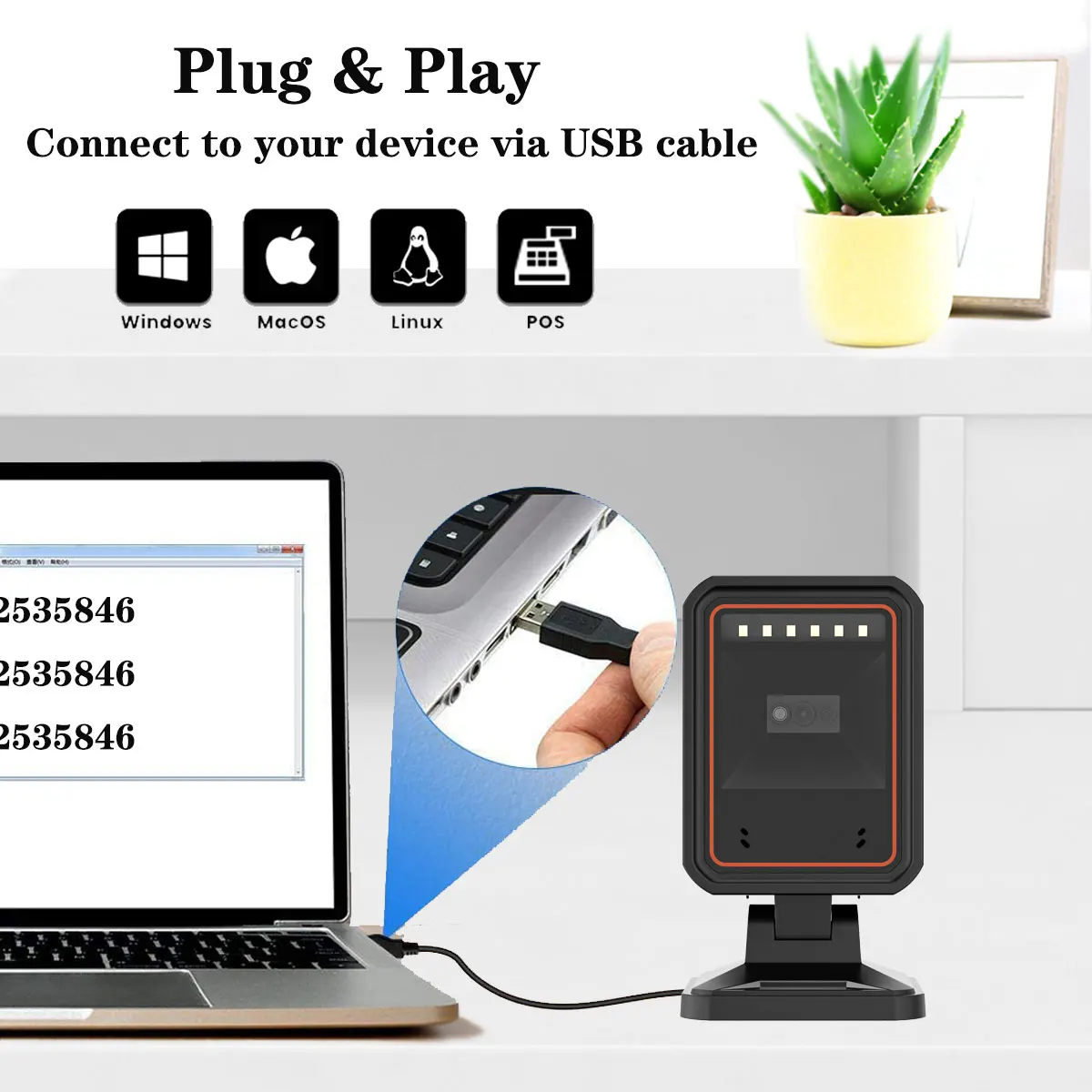 Automatic Omnidirectional Desktop Barcode Scanner, Hands-Free USB Wired QR Barcode Reader for Warehouse Store