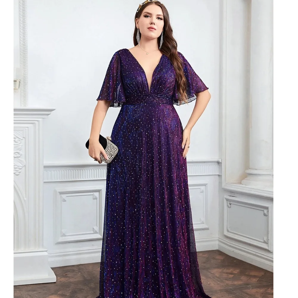 

Wedding Bridesmaid Dress For Female Fashion Plunging Neck Butterfly Sleeve Glitter Party Dresses Large Size Lady Dress 2024