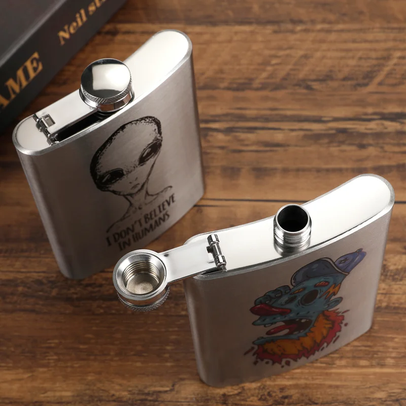 Silver Alcohol Whiskey Liquor Wine Bottle Outdoor Travel Portable Stainless Steel Hip Flask Custom LOGO Color Printing Funnel