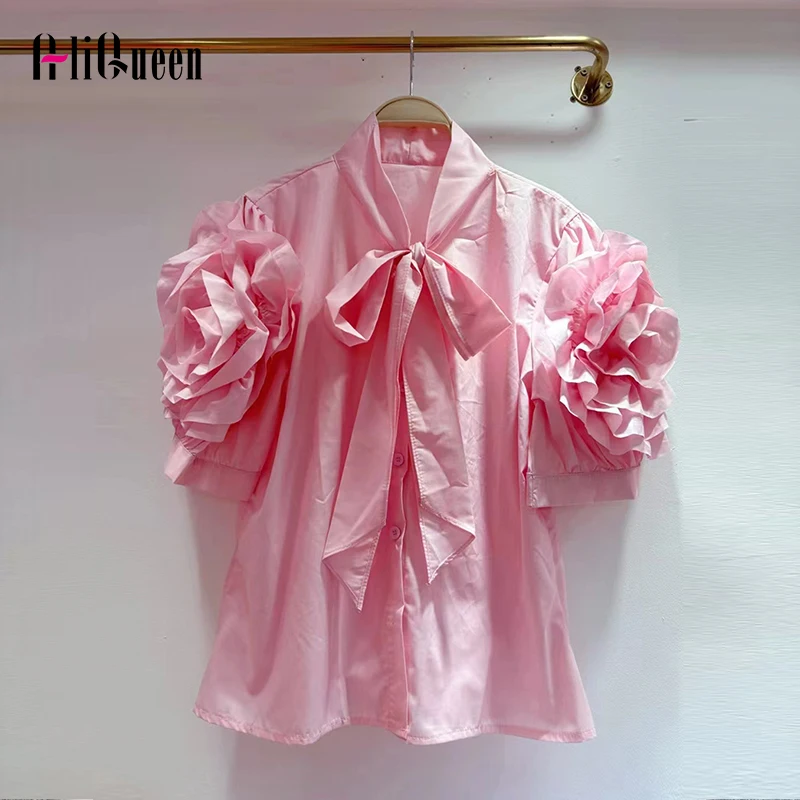 

European Style Women Lapel Single Breasted Ruffles Shirts Three-Dimensional Flower Patchwork Bow Sweet Shirts Ruffle Blouse Tops