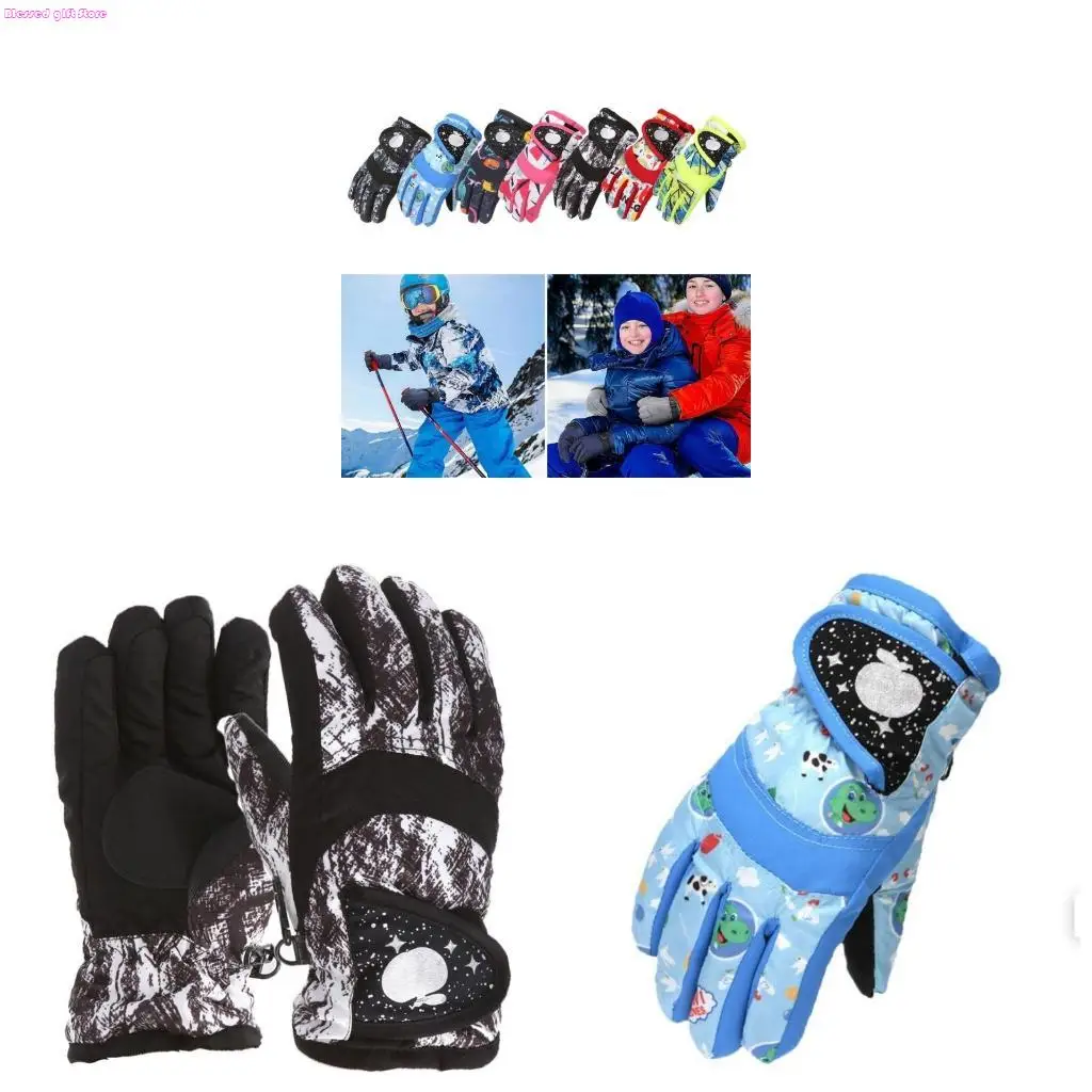 

D0JC Winter Children Kids Windproof Ski Gloves Long-sleeved Mitten Snow Waterproof Snowboard Thicken Warm Mitten For 3-7Y