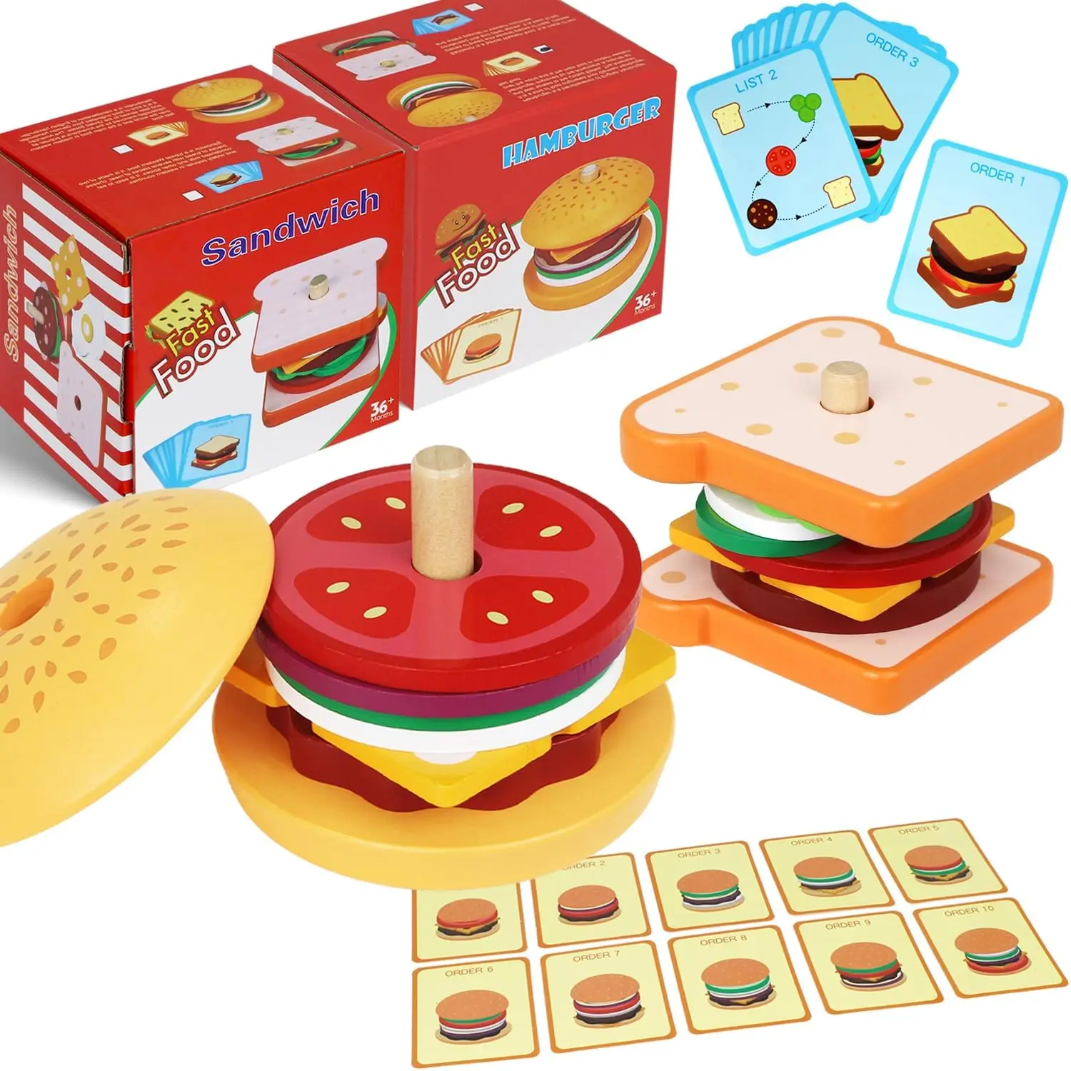 

Toddler Montessori Pretend Play Toy Food SET, Stacking Wooden Building Blocks Educational Puzzles Games for Preschool Classroom