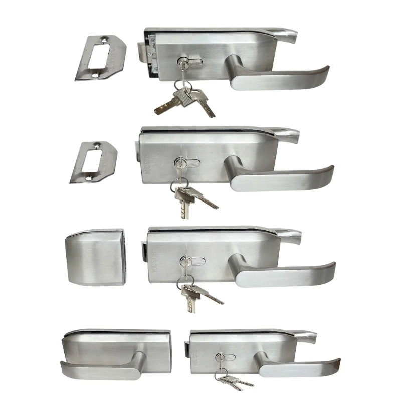 D5BD Glass Partition Panel Handle Lock Steel Body with Grip and Cylinder for Office Interior Entry Use, Brushed Finish